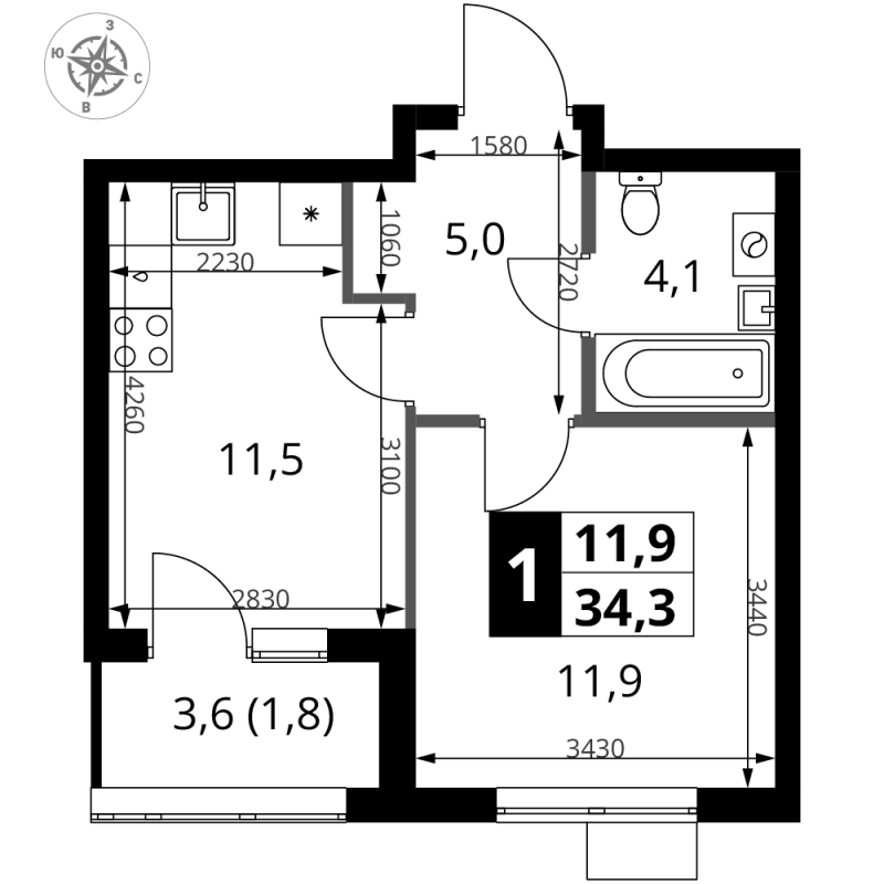 1 ккв 34,3 м²