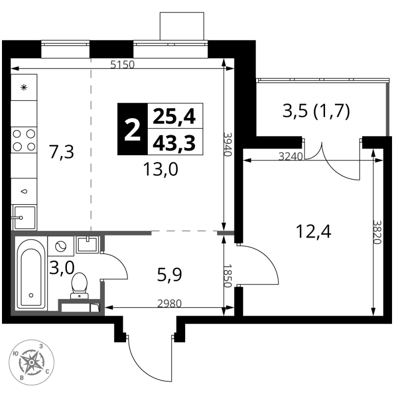 2 ккв (Евро) 43,3 м²