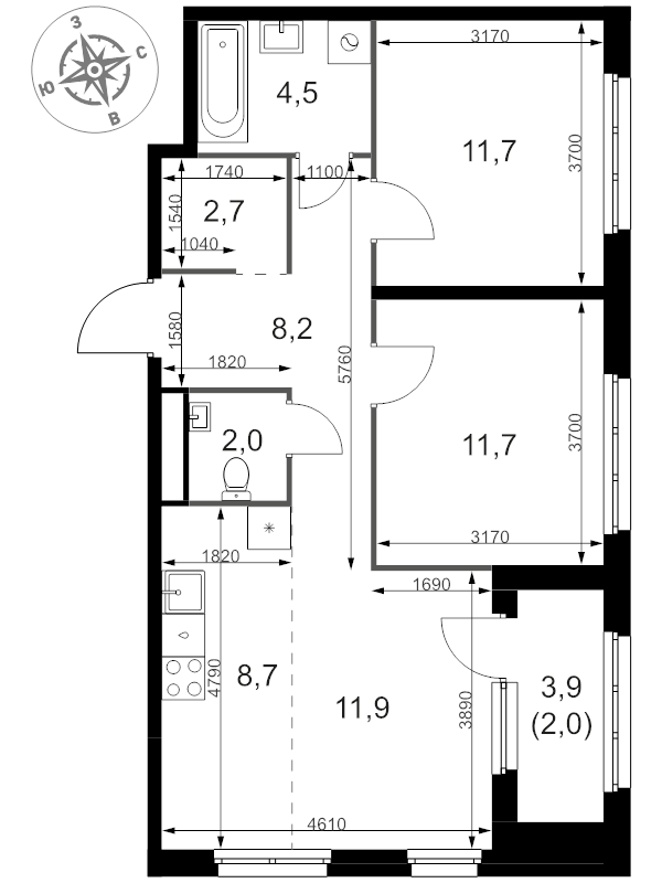 3 ккв (Евро) 63,4 м²