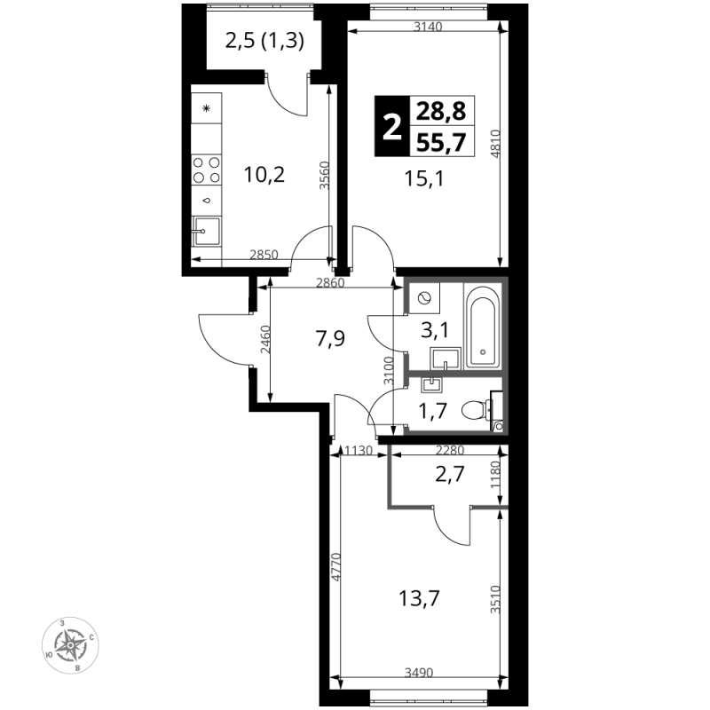 2 ккв 55,7 м²