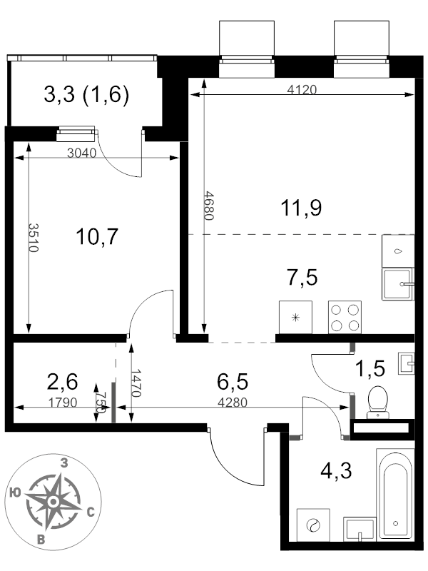 2 ккв (Евро) 46,6 м²