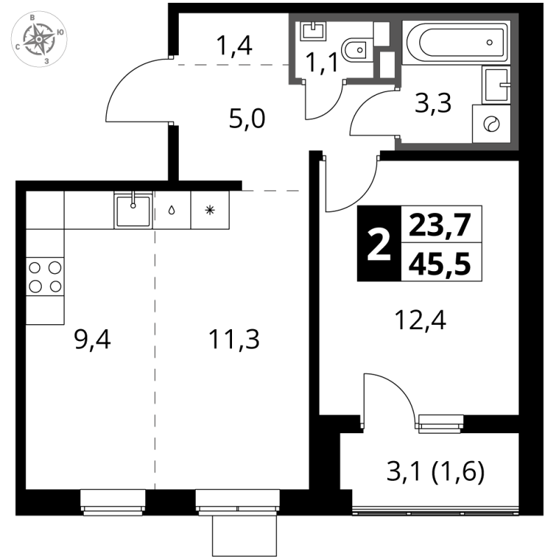 2 ккв (Евро) 45,5 м²