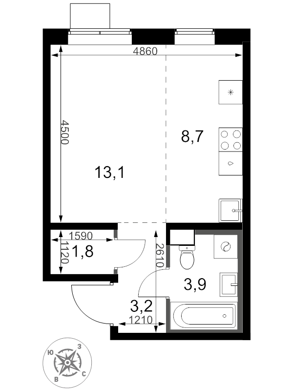 Студия 30,7 м²