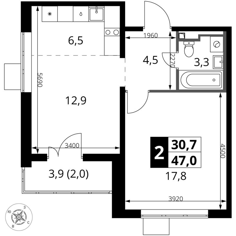 2 ккв (Евро) 47 м²