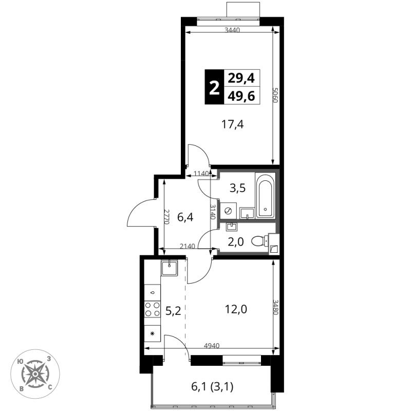 2 ккв (Евро) 49,6 м²