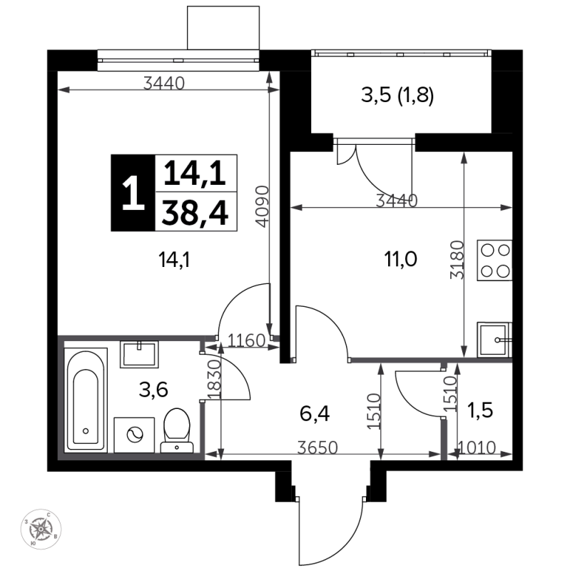 1 ккв 38,6 м²