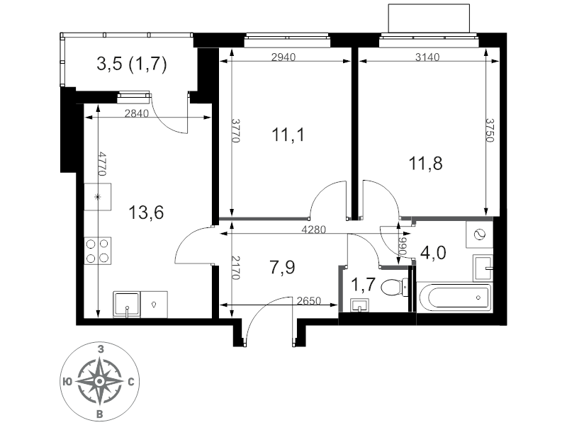 2 ккв 51,8 м²