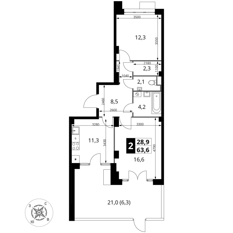 2 ккв 63,5 м²