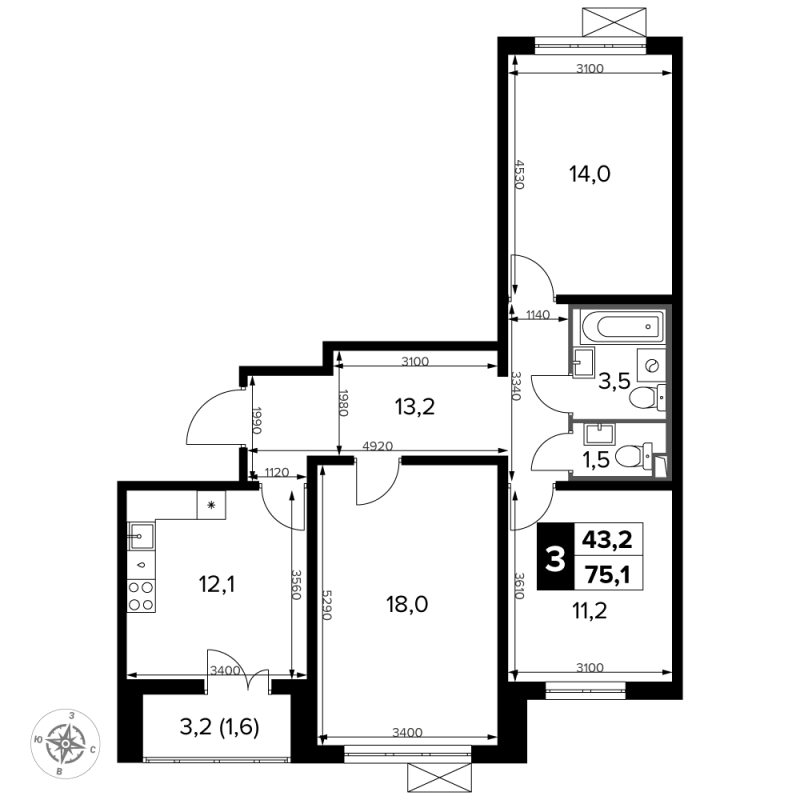 3 ккв 76,1 м²