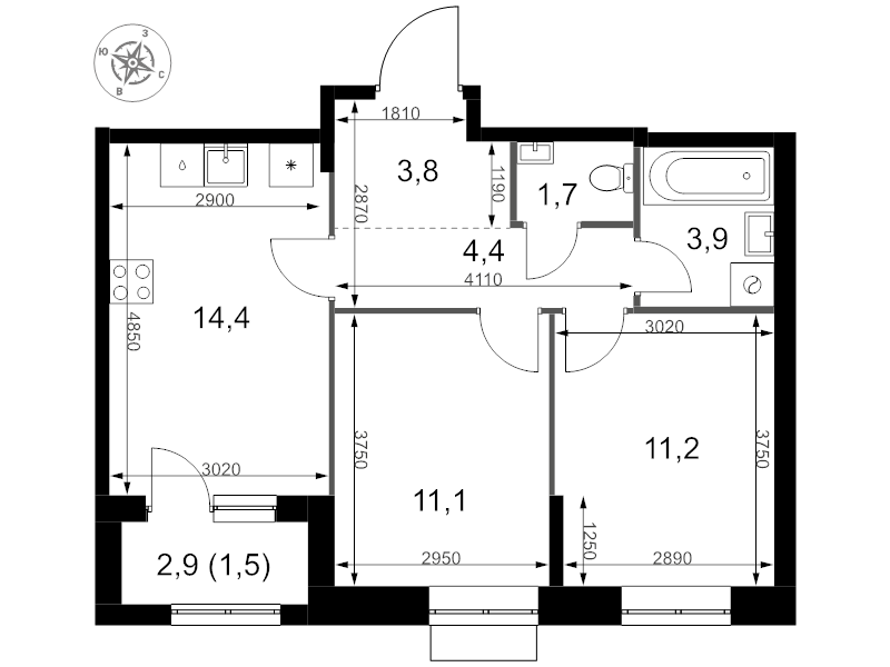 2 ккв 52 м²