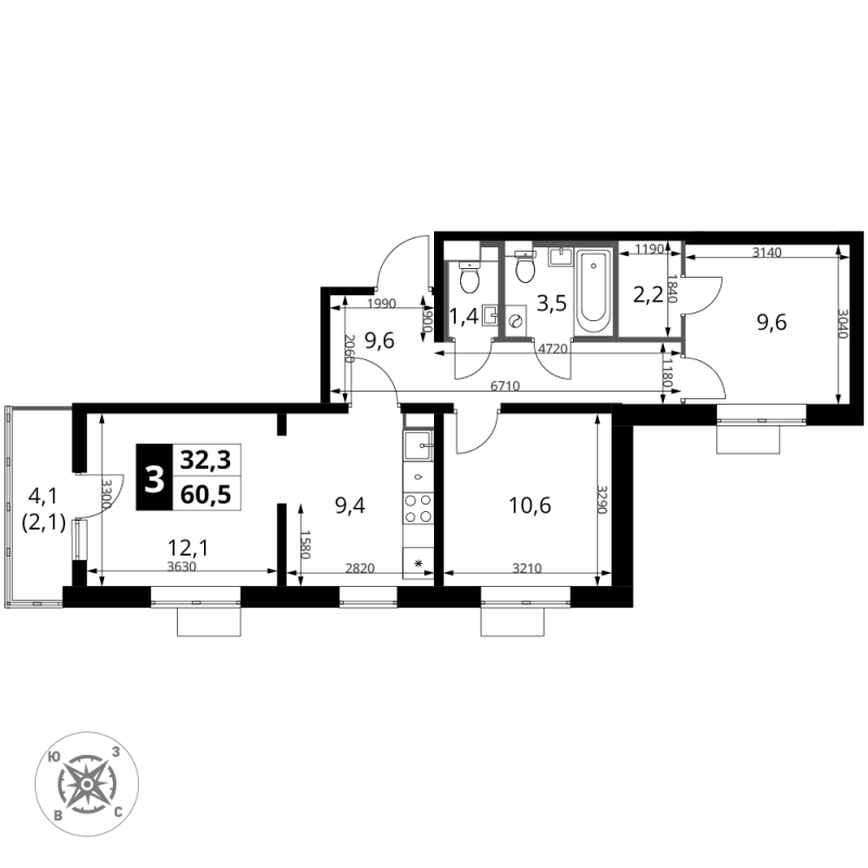 3 ккв (Евро) 60,5 м²