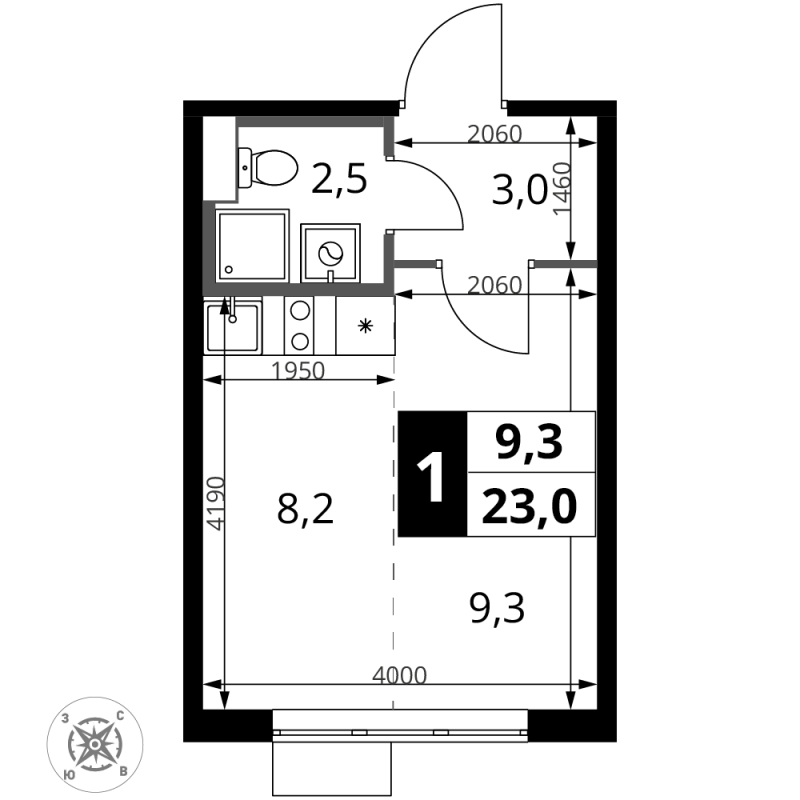 Студия 23 м²