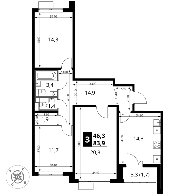 3 ккв 84 м²