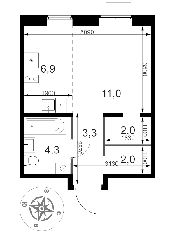 Студия 29,5 м²