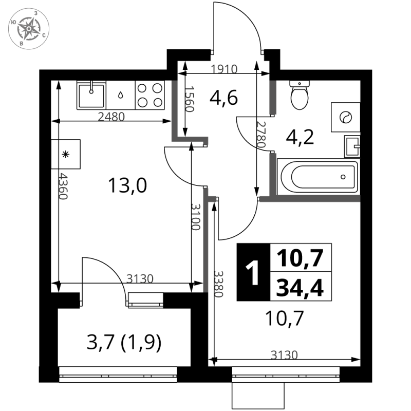 1 ккв 34,4 м²