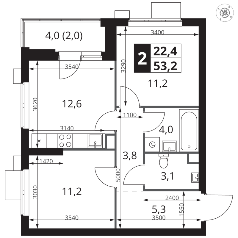 2 ккв 53,2 м²