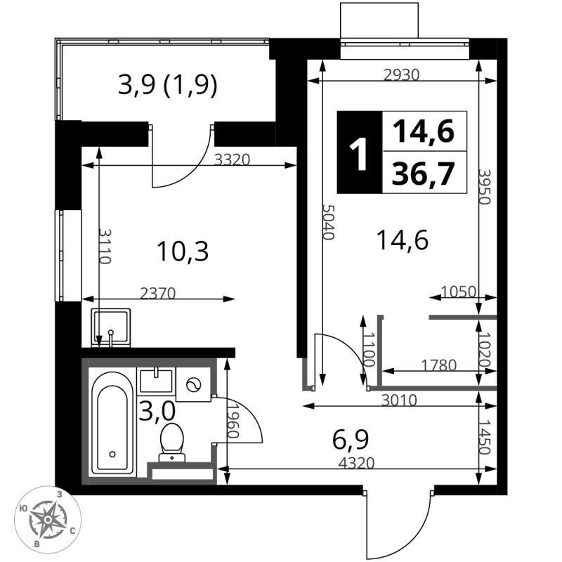 1 ккв 36,7 м²