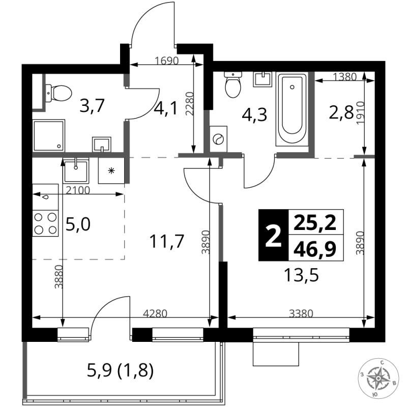 2 ккв (Евро) 46,9 м²