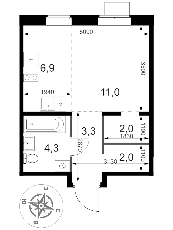 Студия 29,5 м²