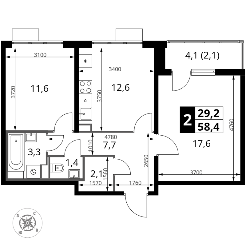 2 ккв 58,4 м²