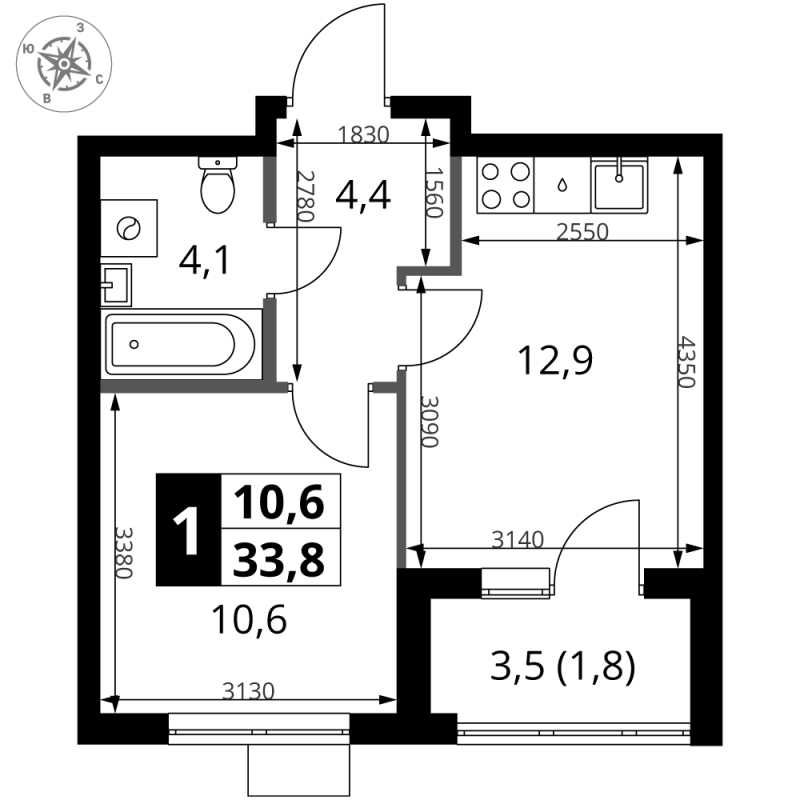 1 ккв 34,4 м²