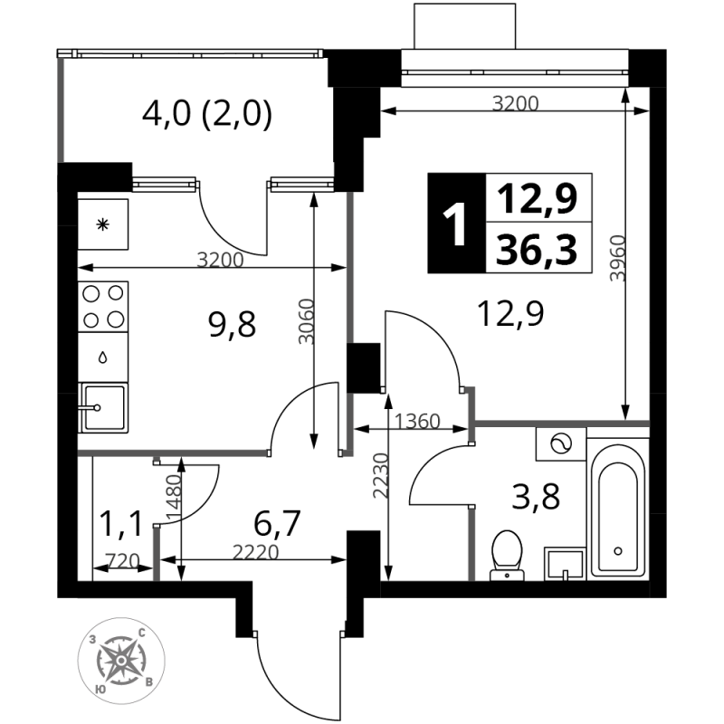 1 ккв 36,5 м²