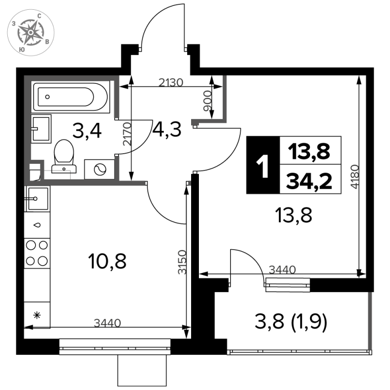 1 ккв 34,2 м²