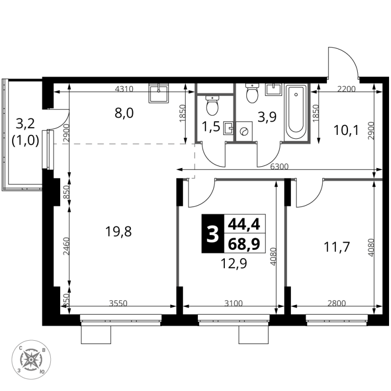 3 ккв (Евро) 68,9 м²