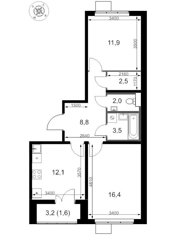 2 ккв 58,8 м²