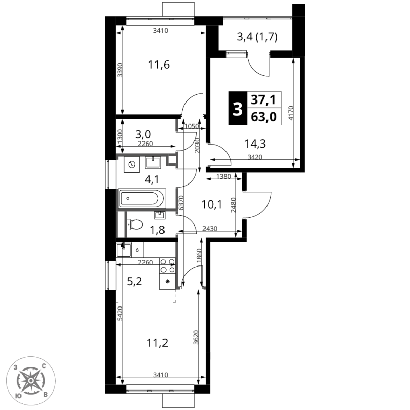 3 ккв (Евро) 63 м²