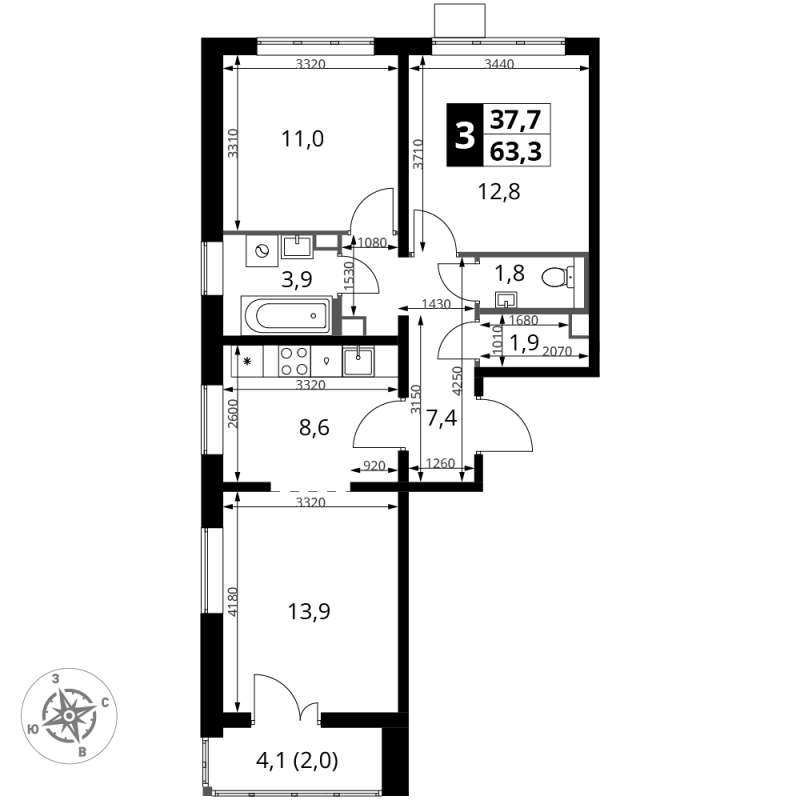 3 ккв 63,3 м²