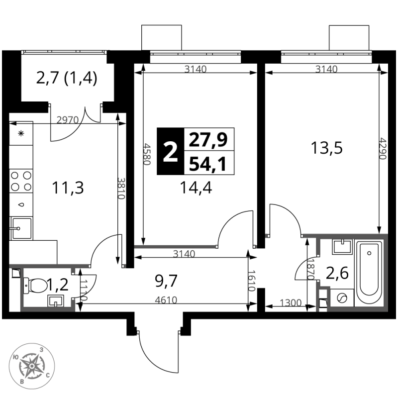 2 ккв 54,1 м²