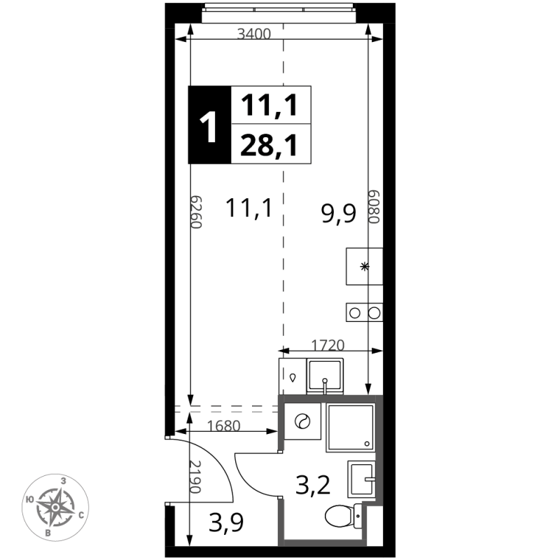 Студия 28,1 м²