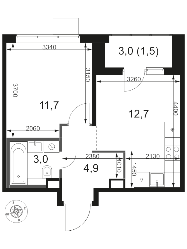 1 ккв 33,8 м²