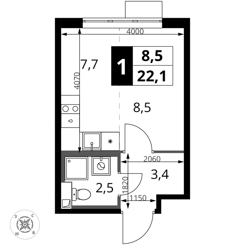 Студия 22,1 м²