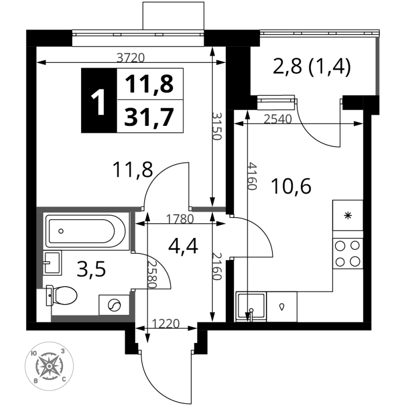 1 ккв 31,7 м²