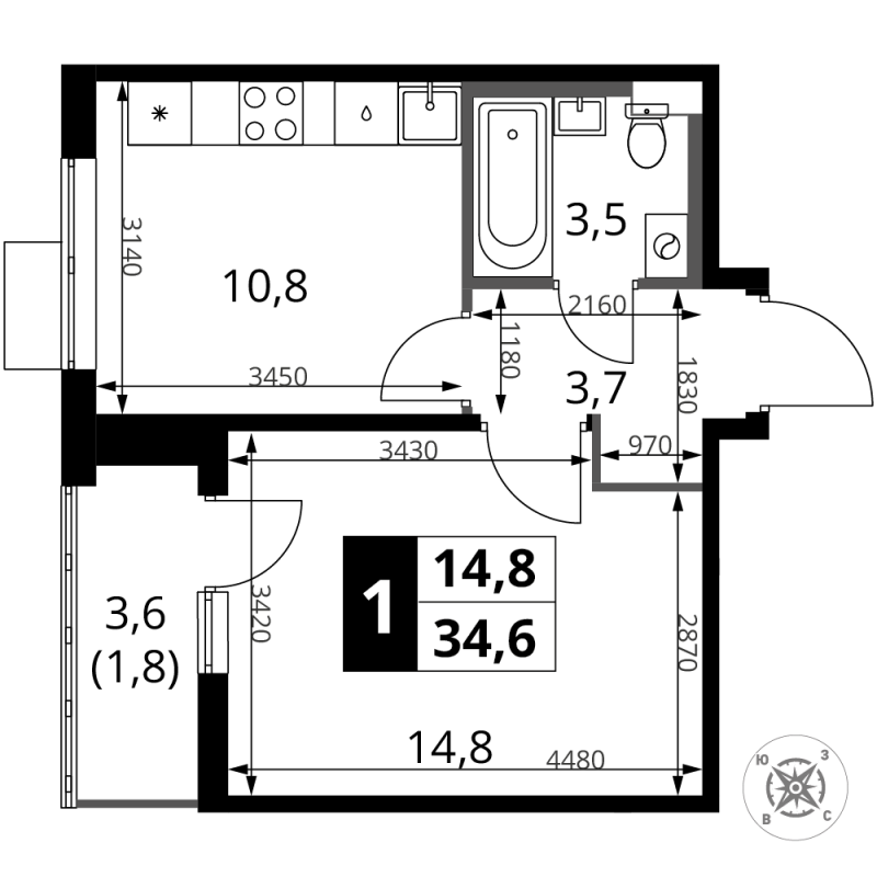 1 ккв 34,6 м²