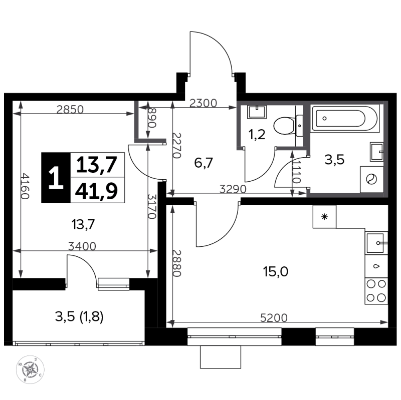 2 ккв (Евро) 42,9 м²