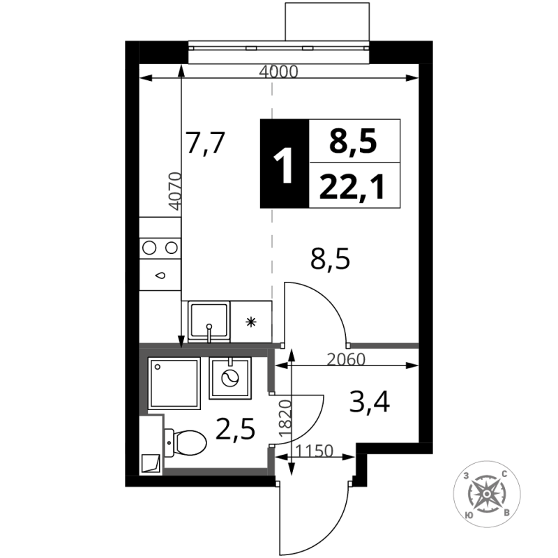 Студия 22,1 м²