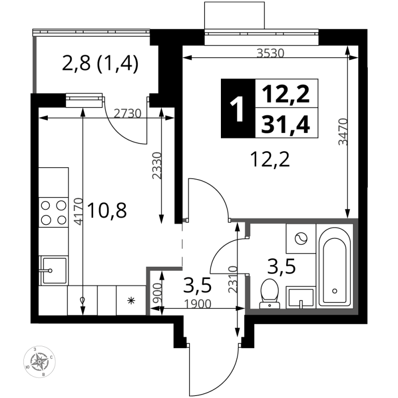 1 ккв 31,4 м²