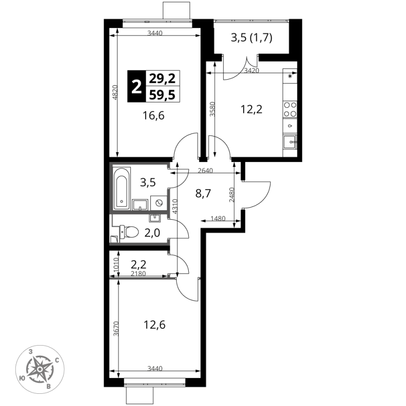 2 ккв 59,5 м²