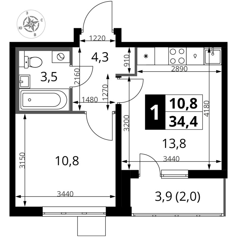 1 ккв 34,4 м²