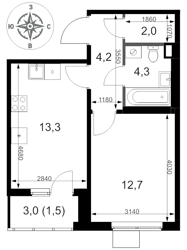 1 ккв 38 м²