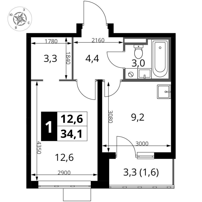 1 ккв 34,1 м²