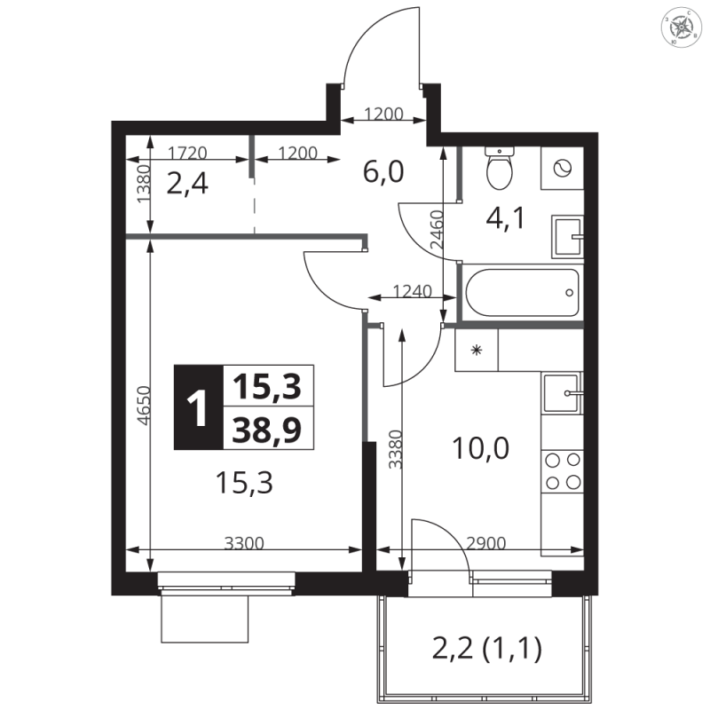 1 ккв 38,9 м²