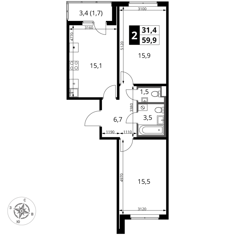 3 ккв (Евро) 59,9 м²