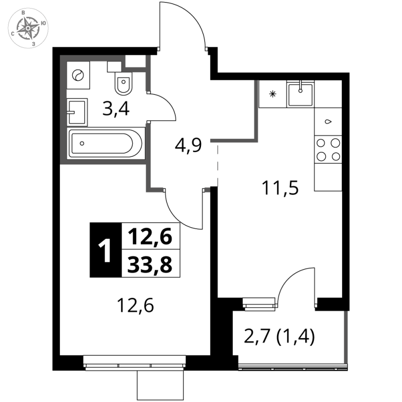 1 ккв 33,8 м²