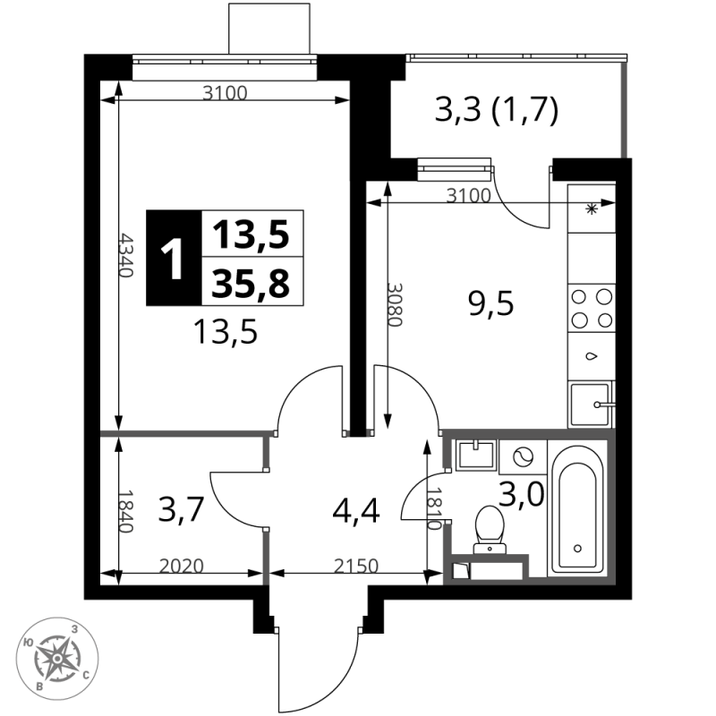 1 ккв 35,8 м²