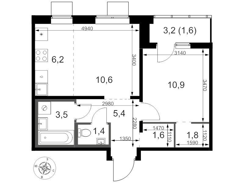 2 ккв (Евро) 44,1 м²