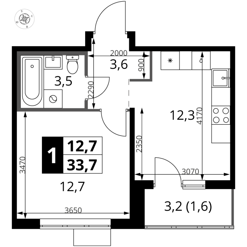 1 ккв 33,7 м²